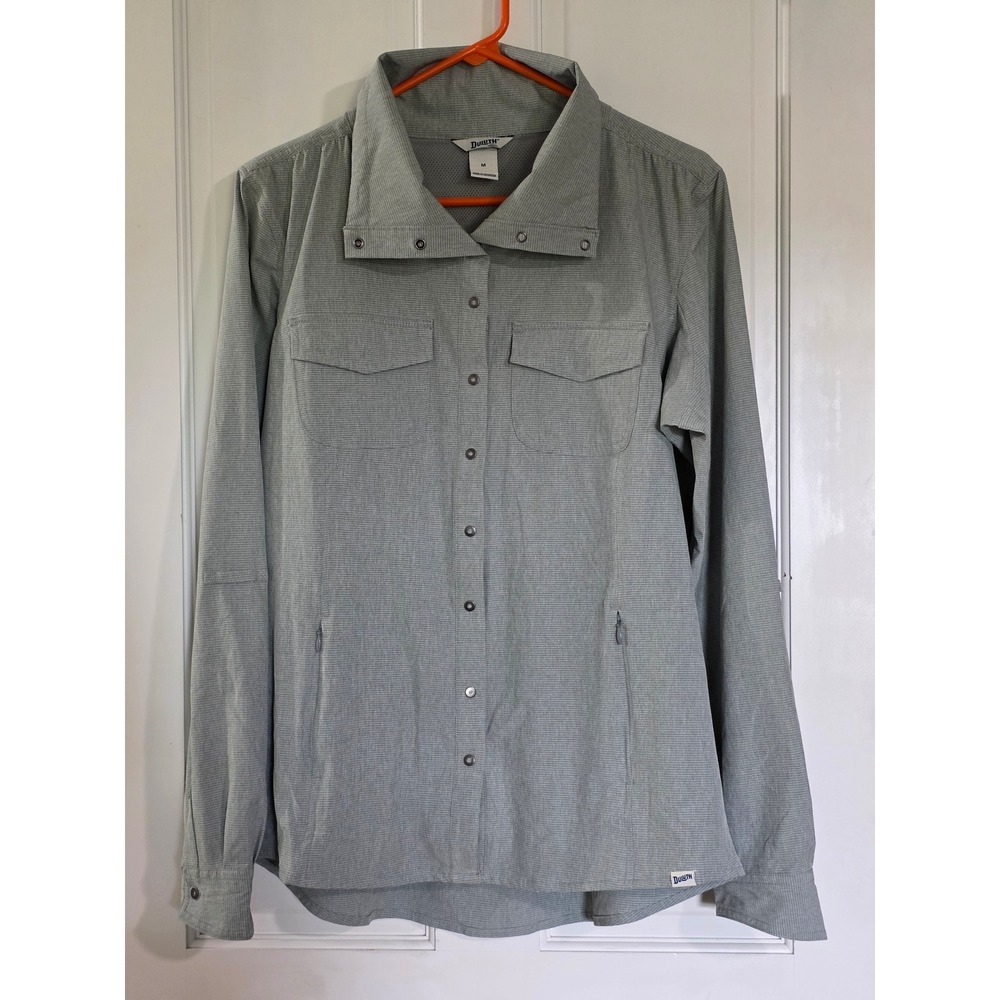 Duluth Trading Co Womens Gray Stripe Performance Hiking Shirt Size M Long Sleeve